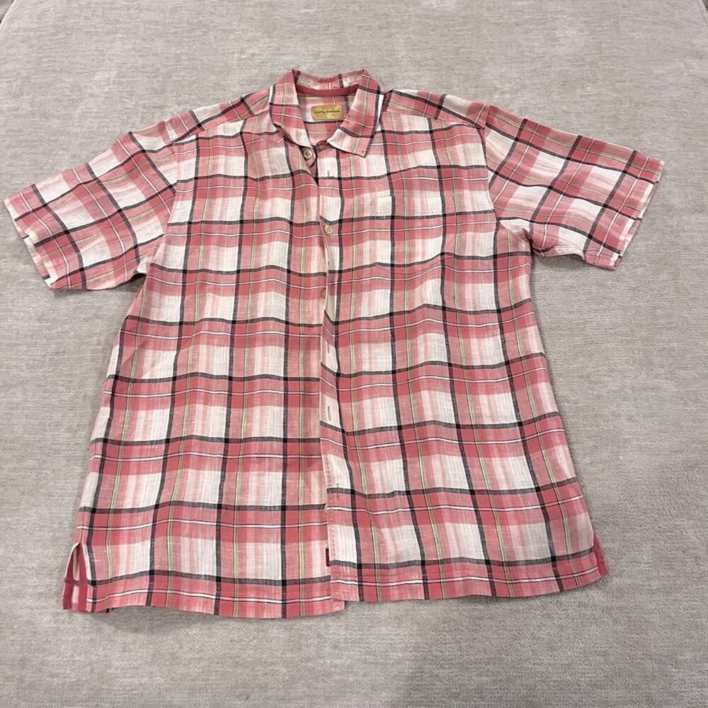 Tommy Bahama L 100% Linen Short Sleeve Pink Plaid Shirt Beach Vacation Coastal